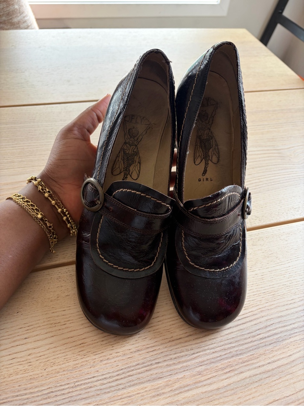 Fly London Dark Brown Patent Leather Heeled Loafers with Buckle